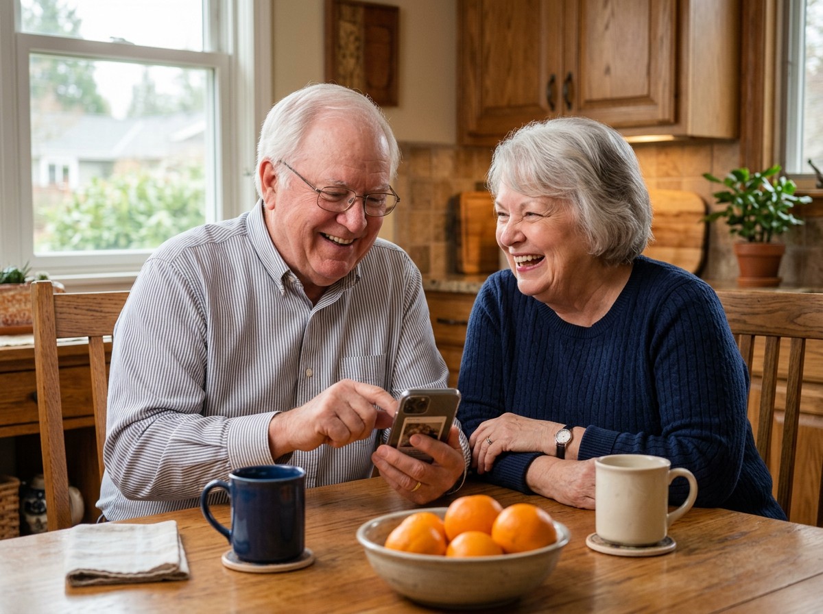 Senior couple laughing together at a kitchen table while checking a smartphone