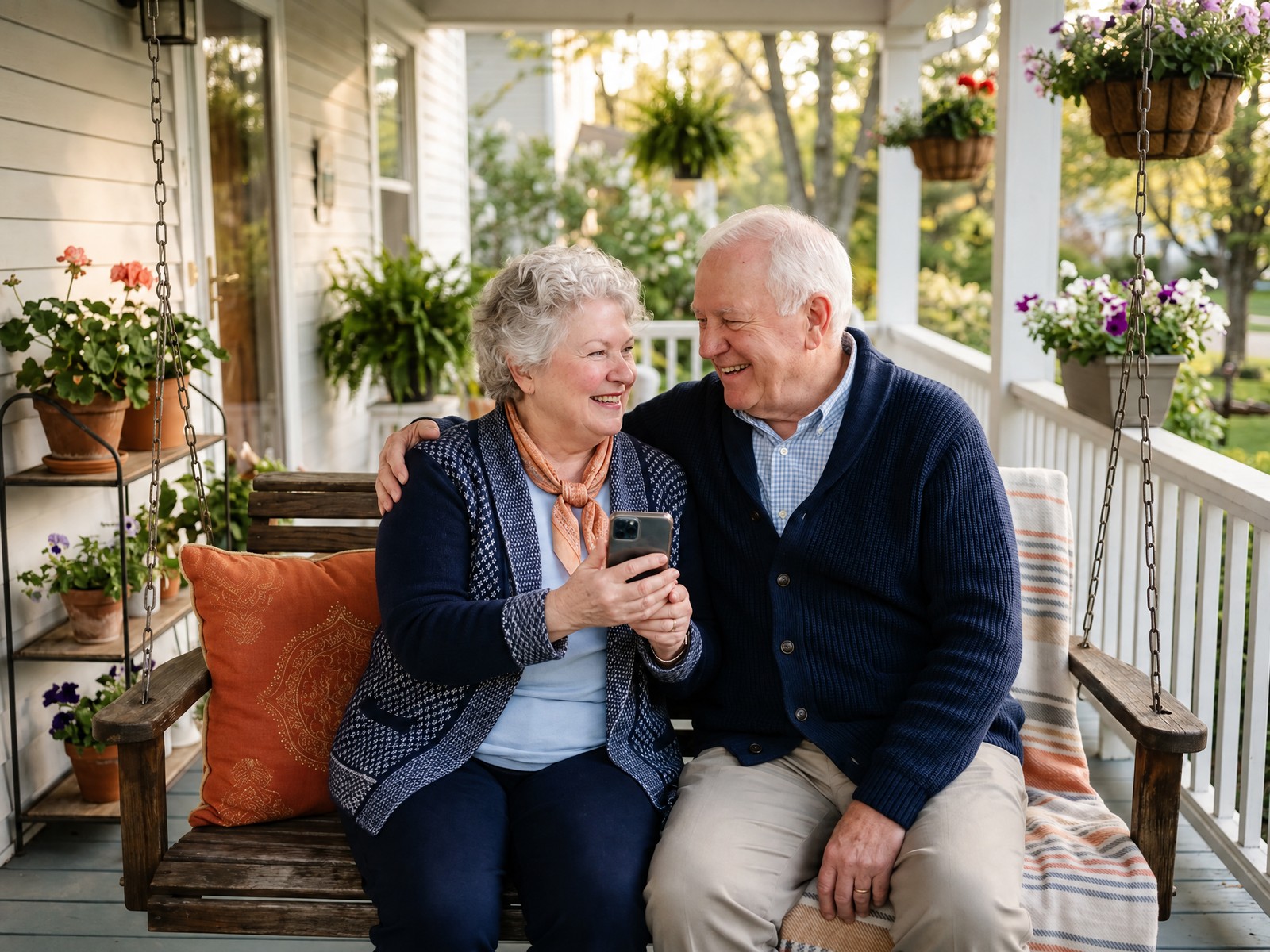 Smiling senior couple sitting on a porch swing, the wife holding a smartphone